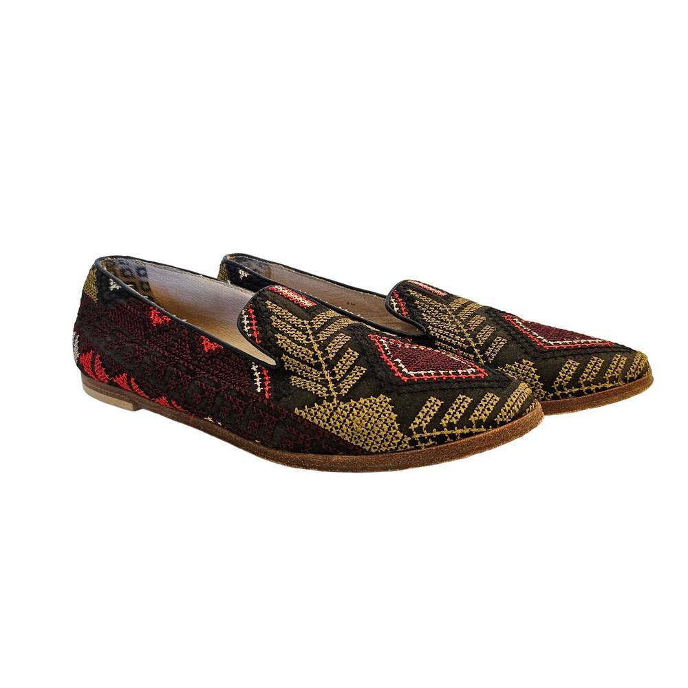 Matt Bernson Gitanes Loafers Women 6 Black Olive Embroidered Woven Slip On Shoes